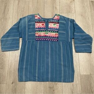 Vtg Guatemalan Indigo Denim Tunic Top Shirt Needlepoint  boho hippie women’s  XL